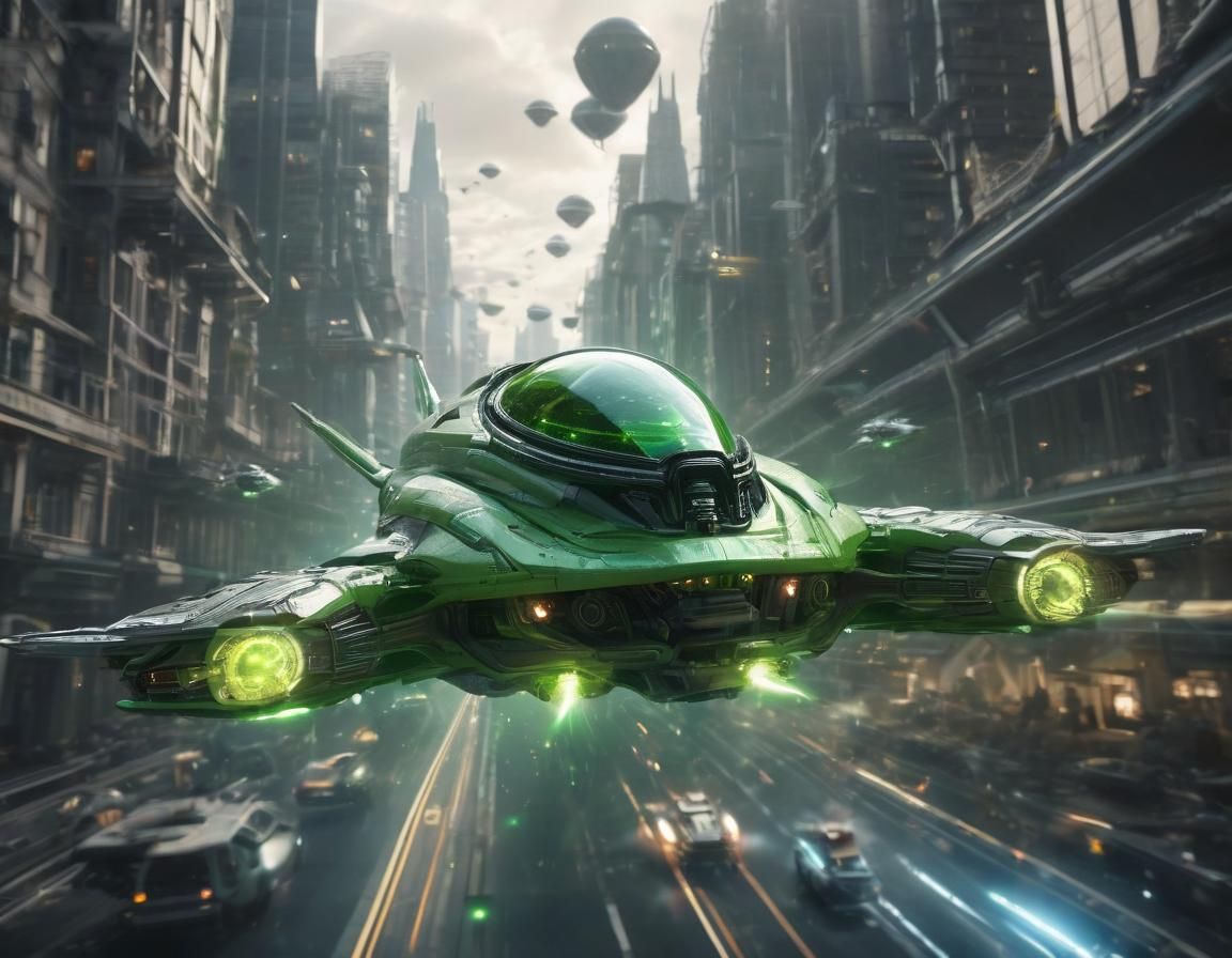 Green Alien Spaceship Battle in Hyperrealistic Style