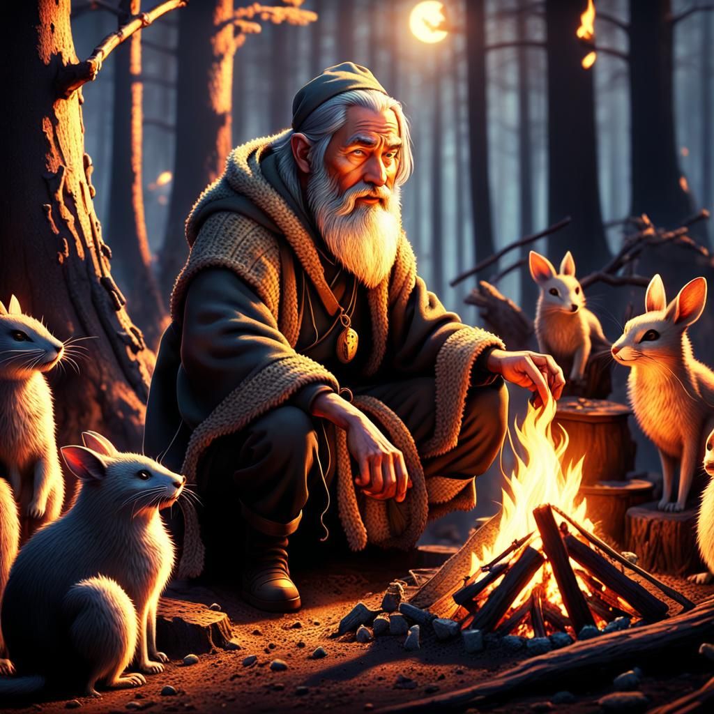 Hermit Surrounded by Woodland Creatures in 3D Anime Style