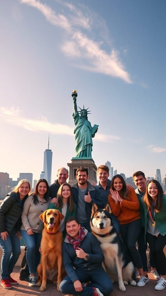 Joyful Americans Gather in Front of the Statue of Liberty