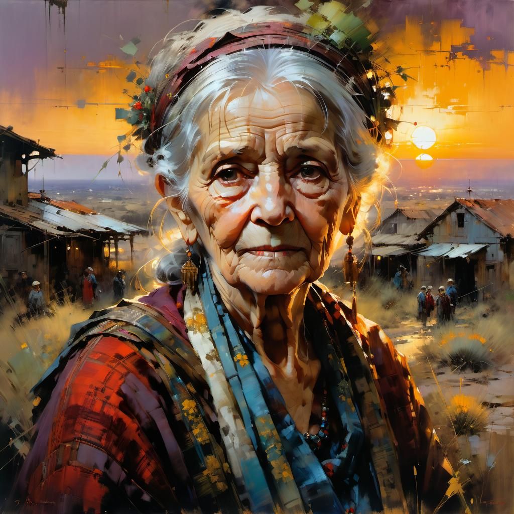 Detailed Portrait of Old Woman at Sunset