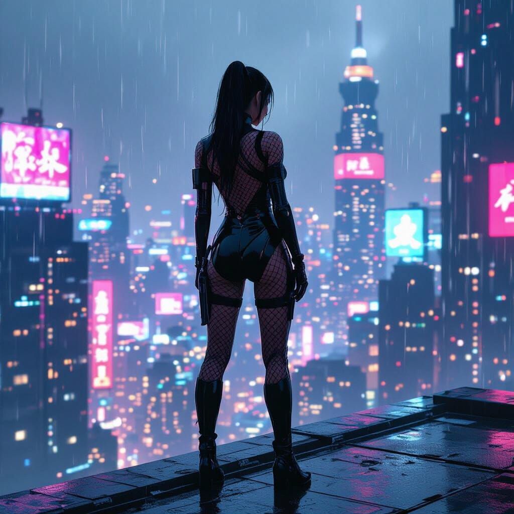 A lone female kunoichi, clad in a sleek black fishnet bodysu...