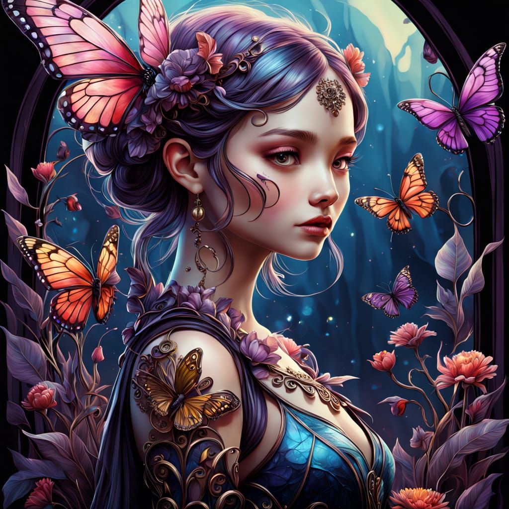 Elegant Fairy with Stained Glass Wings in Digital Art
