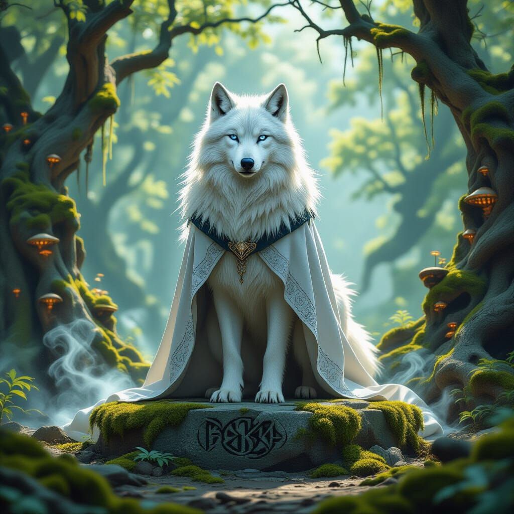 White Wolf on Ancient Altar in Sun-Dappled Forest