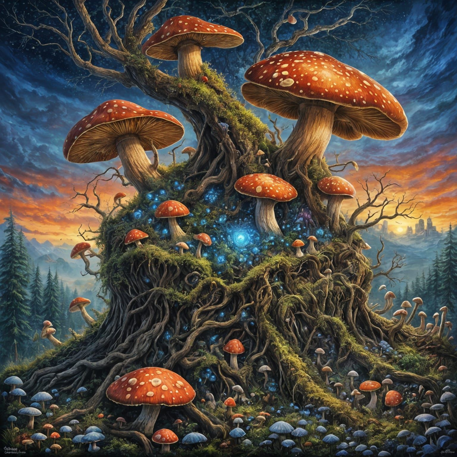 Mystical Forest Scene in Whimsical Oil on Canvas Style