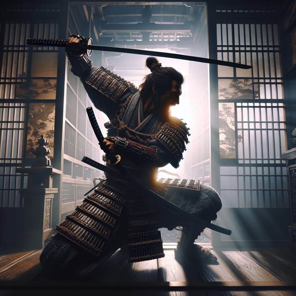 Samurai Cuts Shoji Screen in Dramatic Digital Painting