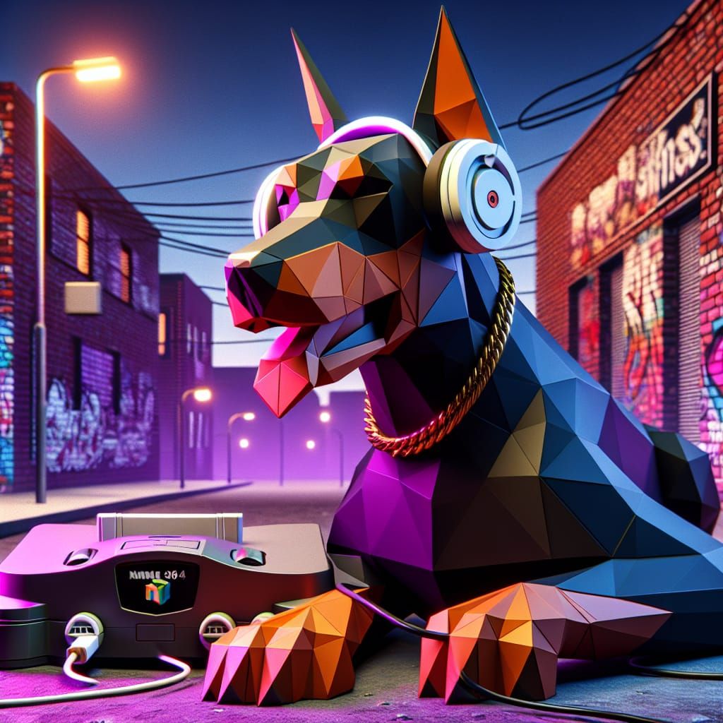 Doberman in 90s Hip-Hop Low Poly Style