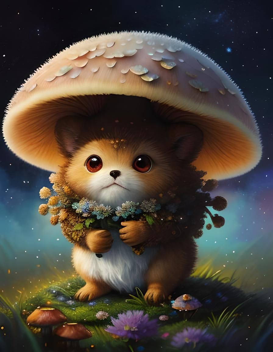 Fluffy Mushroom Creature in Flower Rain, Oil Painting