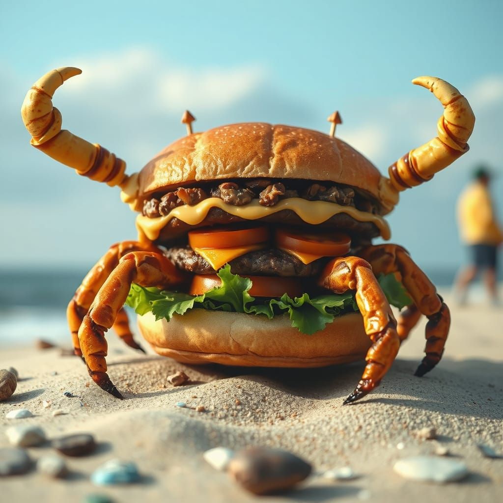 fantastical crispy critter hamburger on a beach