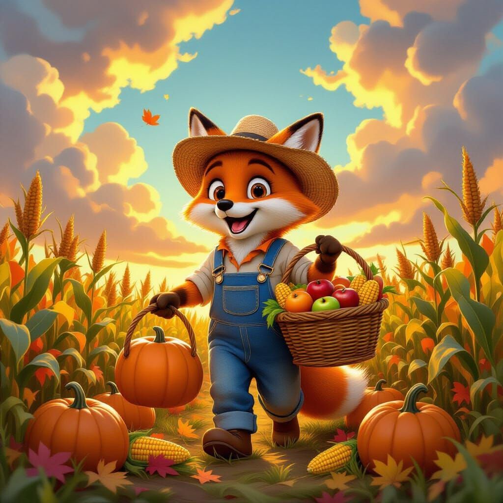 Fox Farmer Gathers Pumpkins in Autumn Field