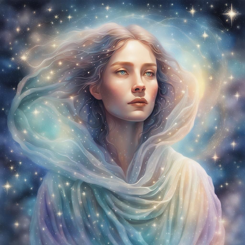 Ethereal Woman Portrait in Dreamlike Celestial Atmosphere