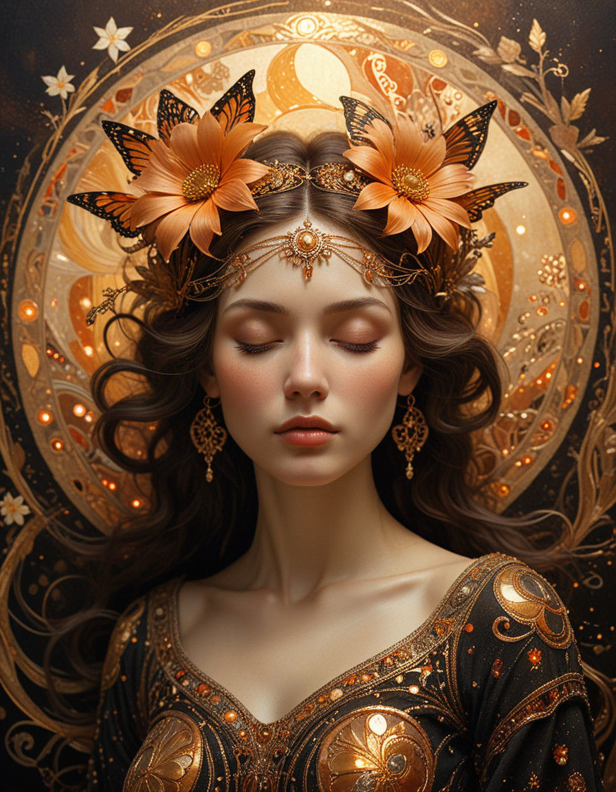 Serene Art Nouveau Goddess in Golden Halo