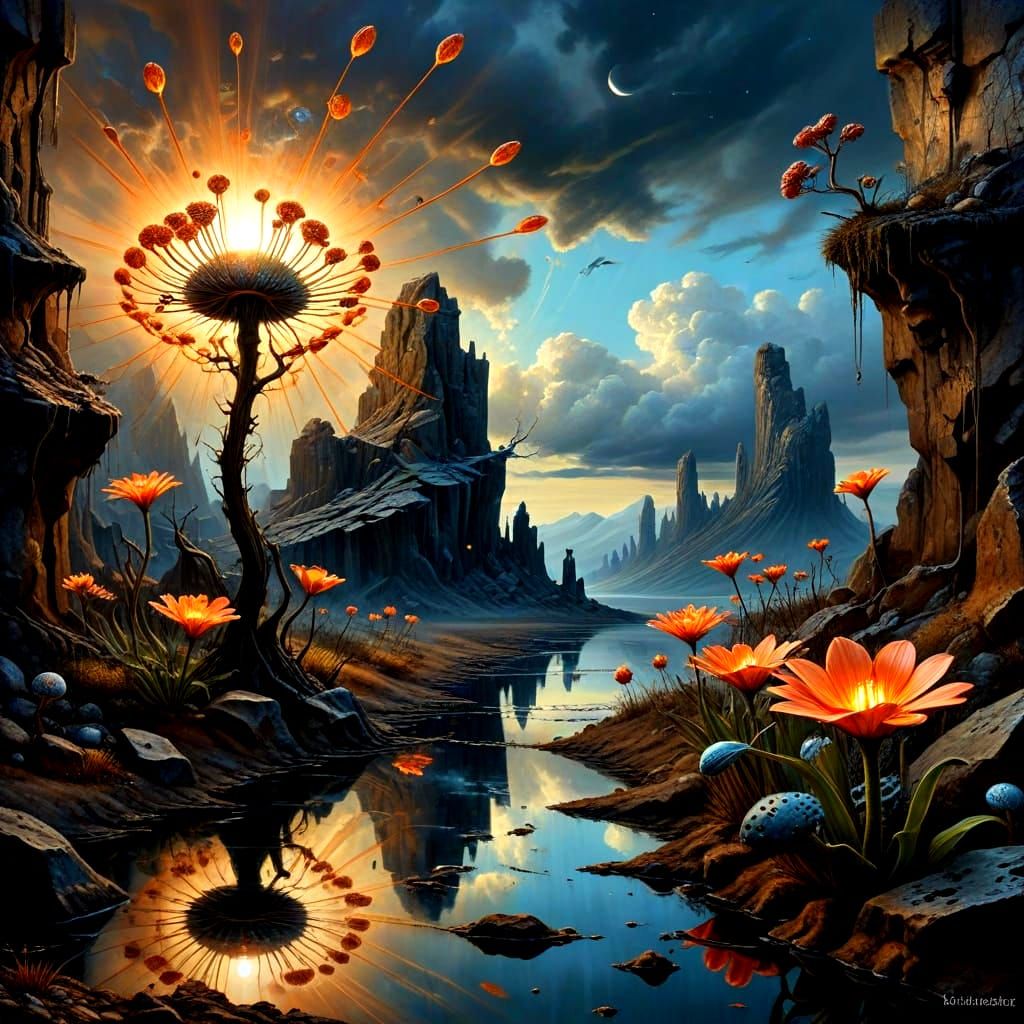Surreal Landscape with Luminous Flowers, Oil Painting