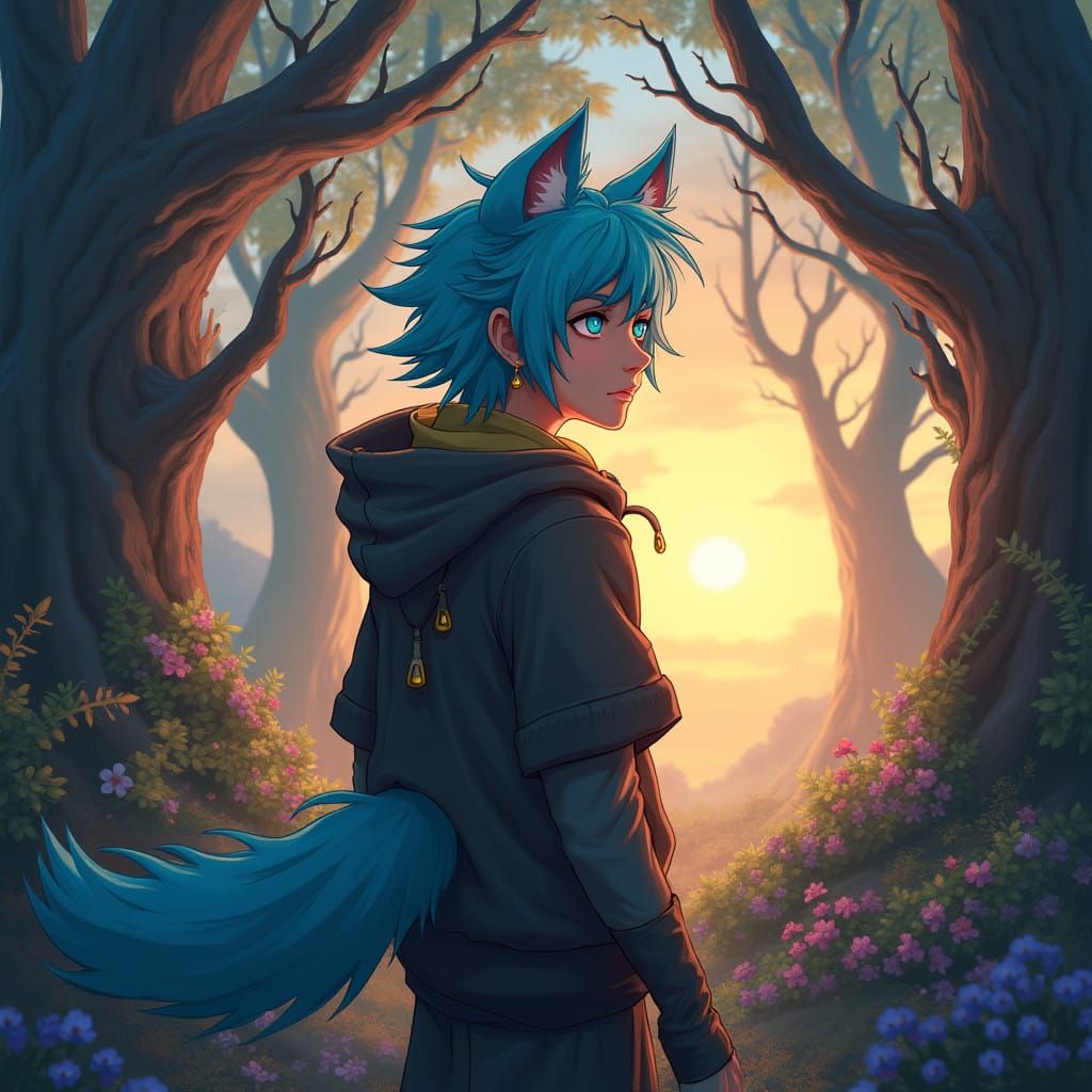 Mystical Fantasy World with Wolf Eared Youth in Golden Light