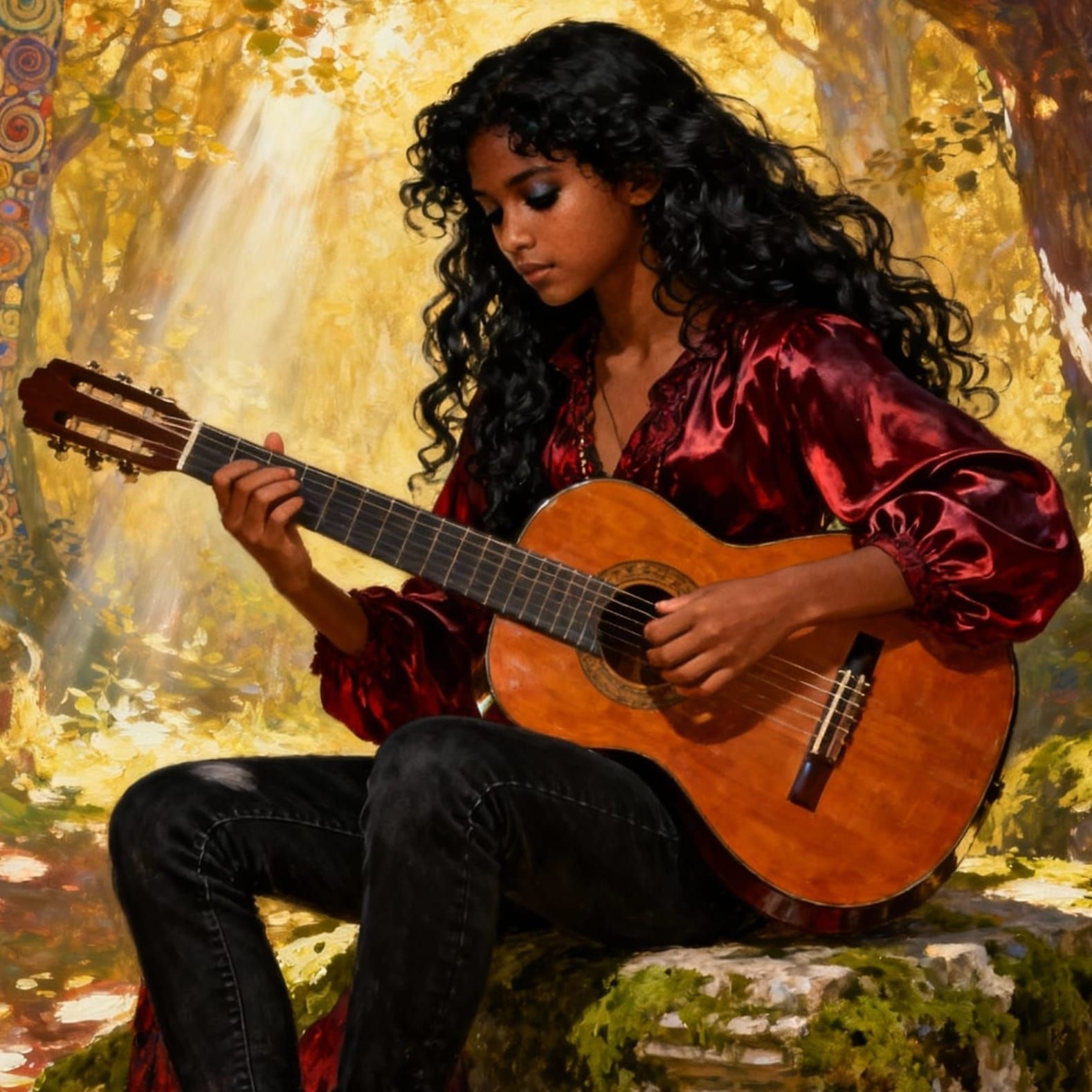 Gypsy Girl Playing Guitar in Forest