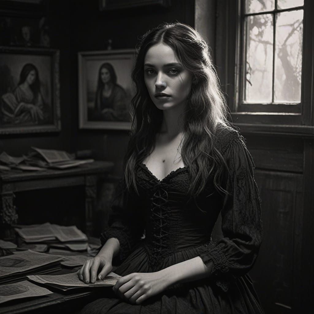 Gothic girl in a tattered velvet dress, surrounded by faded cobweb-draped candelabras, crumbling stone arches, and myste...