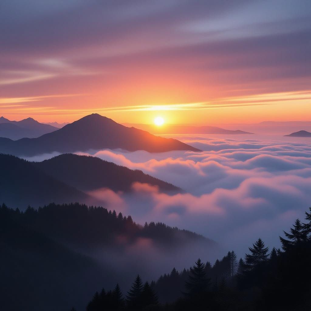 Serenity at Dawn Over Misty Peaks in Warm Hues