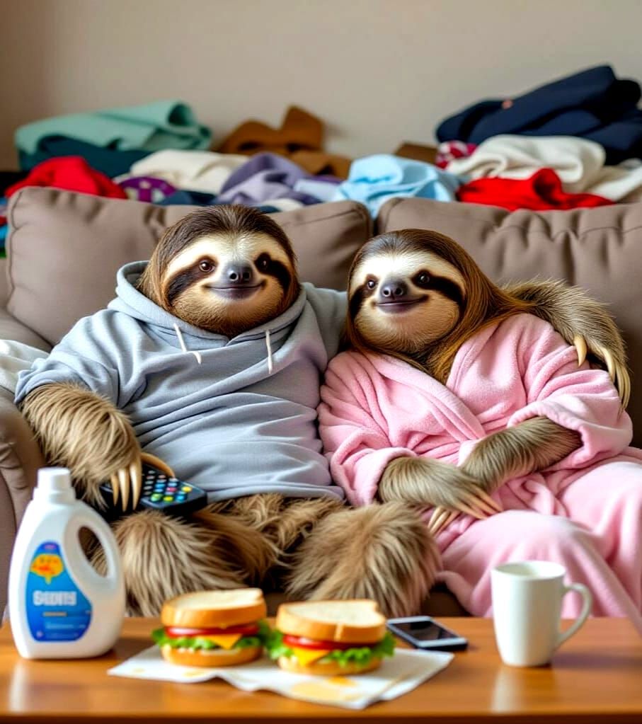 Cute Sloth Couple Relaxing in Messy Apartment
