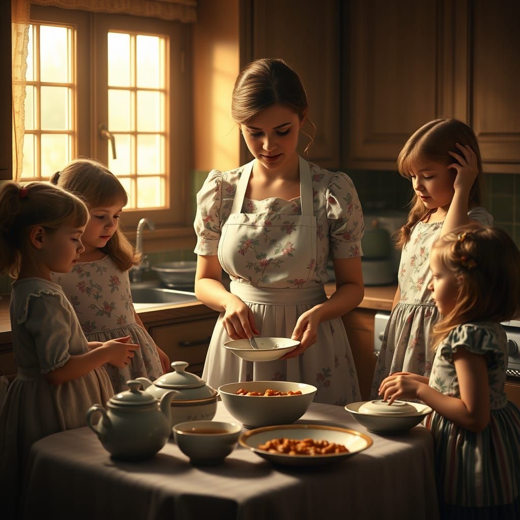 Mothers and Daughters Share a Traditional Family Moment in a...