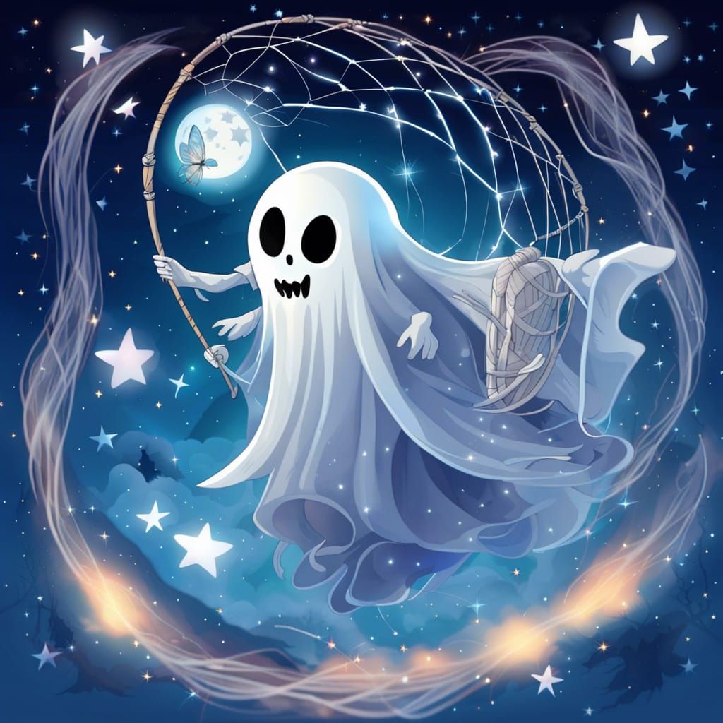 Ghost Dream Hunter with Butterfly Net in Starry Sky