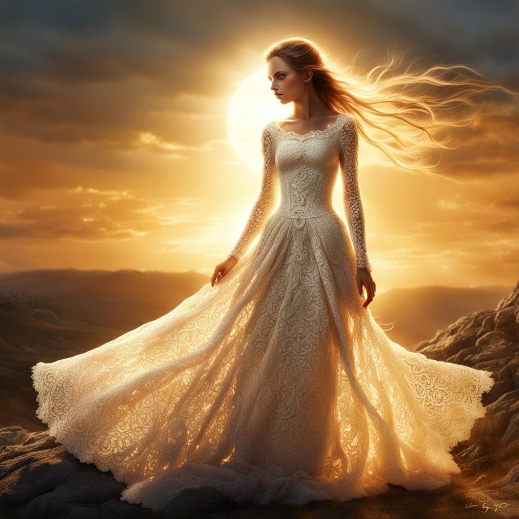Sunset Portrait of Girl in Lace, Fantasy Art