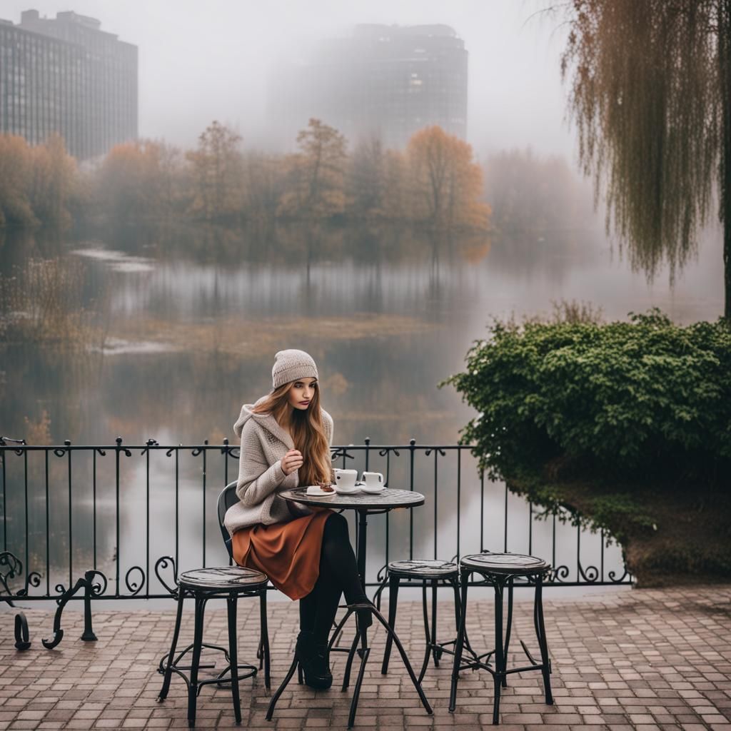 Cafe Garden by Foggy Lake: Woman with Coffee