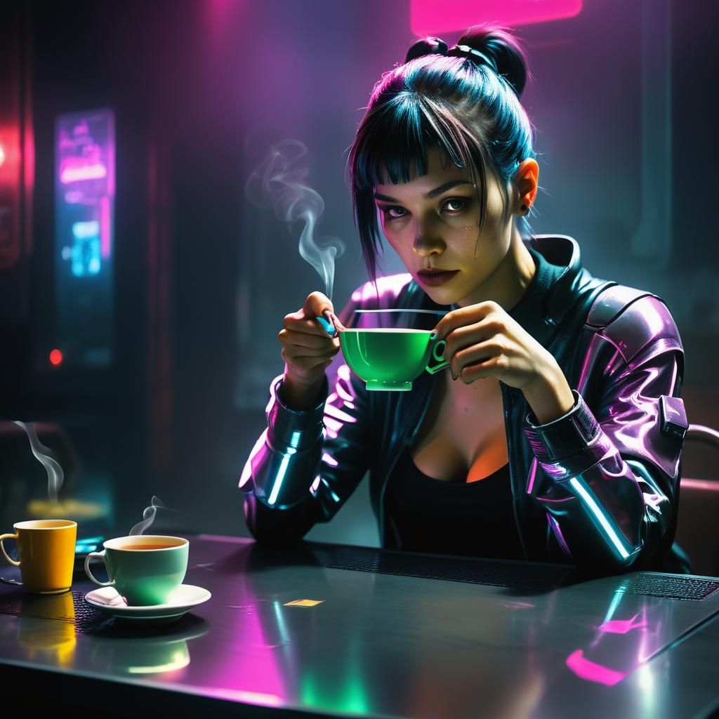 Cyberpunk Woman Drinks Tea in Neon Cityscape