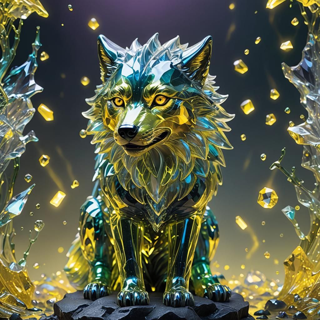 Iridescent Crystal Wolf Figurine with Lightning Magic