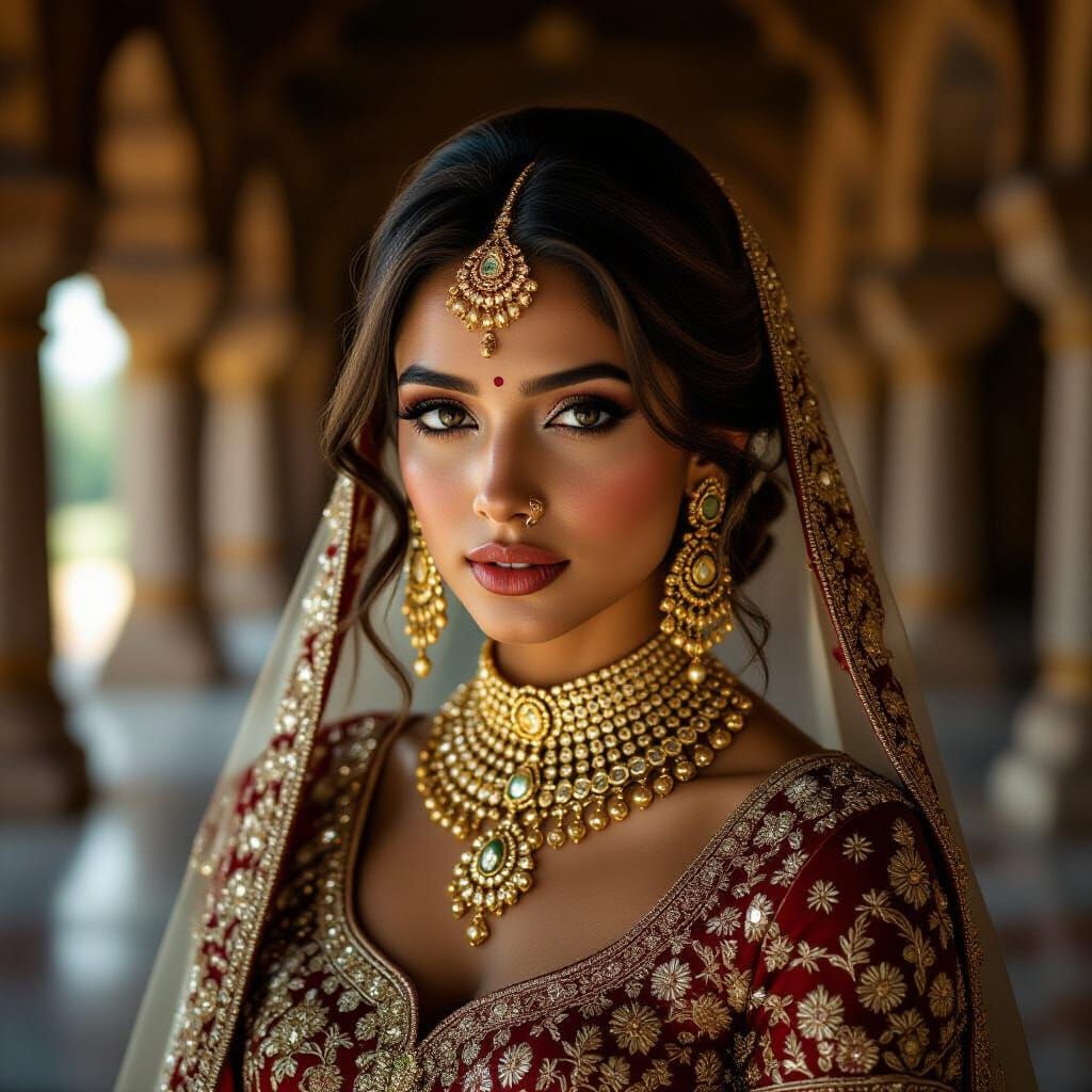Serene Indian Bride in Ornate Gold Jewelry