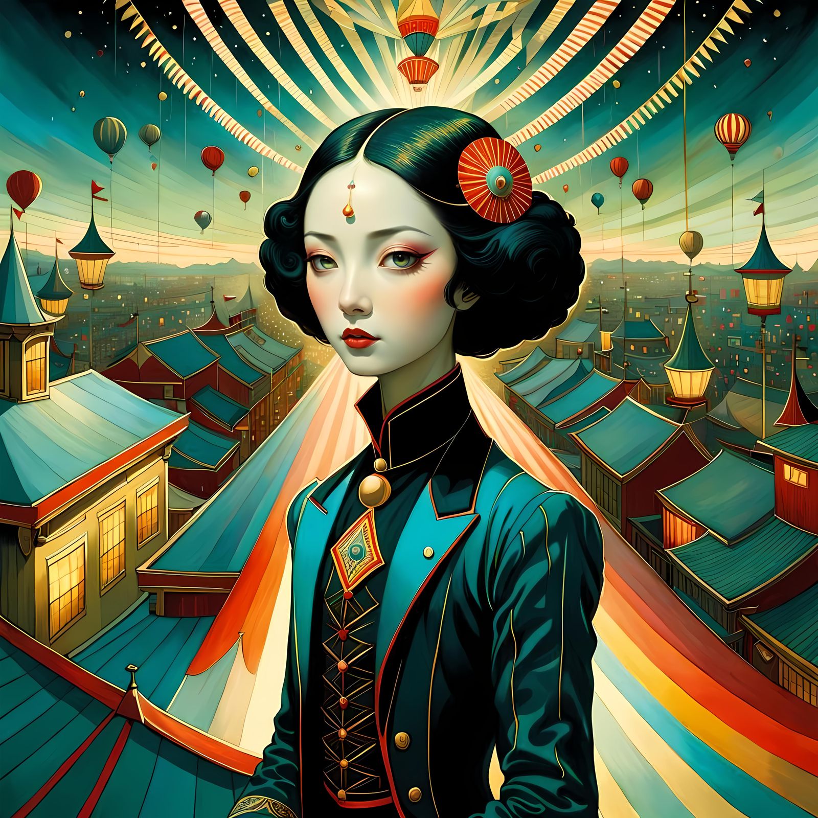 Dreamy Circus Somnambulist on Rooftop Illustration