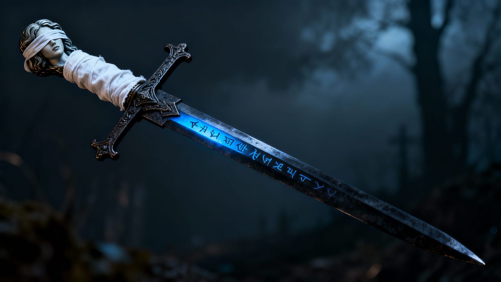 Ornate Gothic Longsword with Blue Glowing Runes