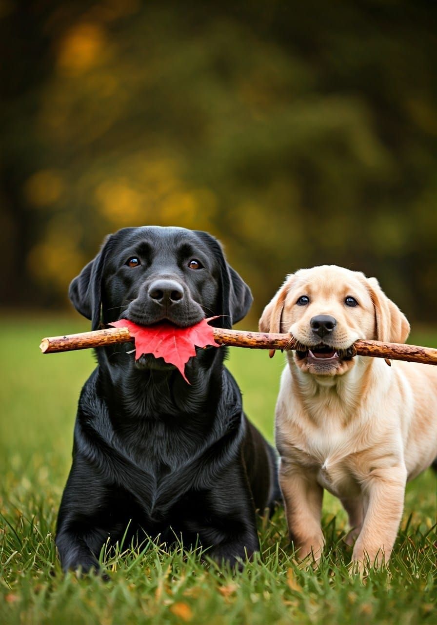 Black Lab with Maple Leaf and Golden Lab Puppy