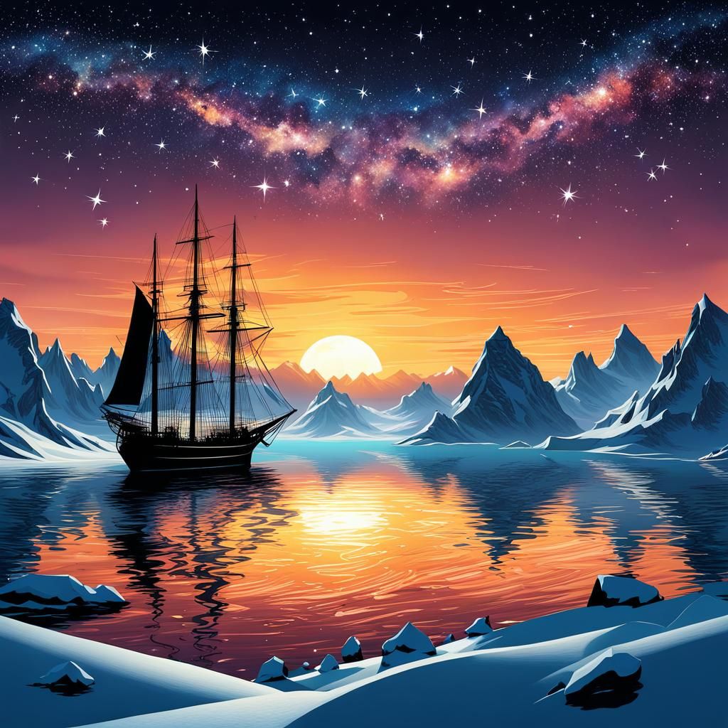 Surreal Sunset Over Swirling Seas with Sailing Ships