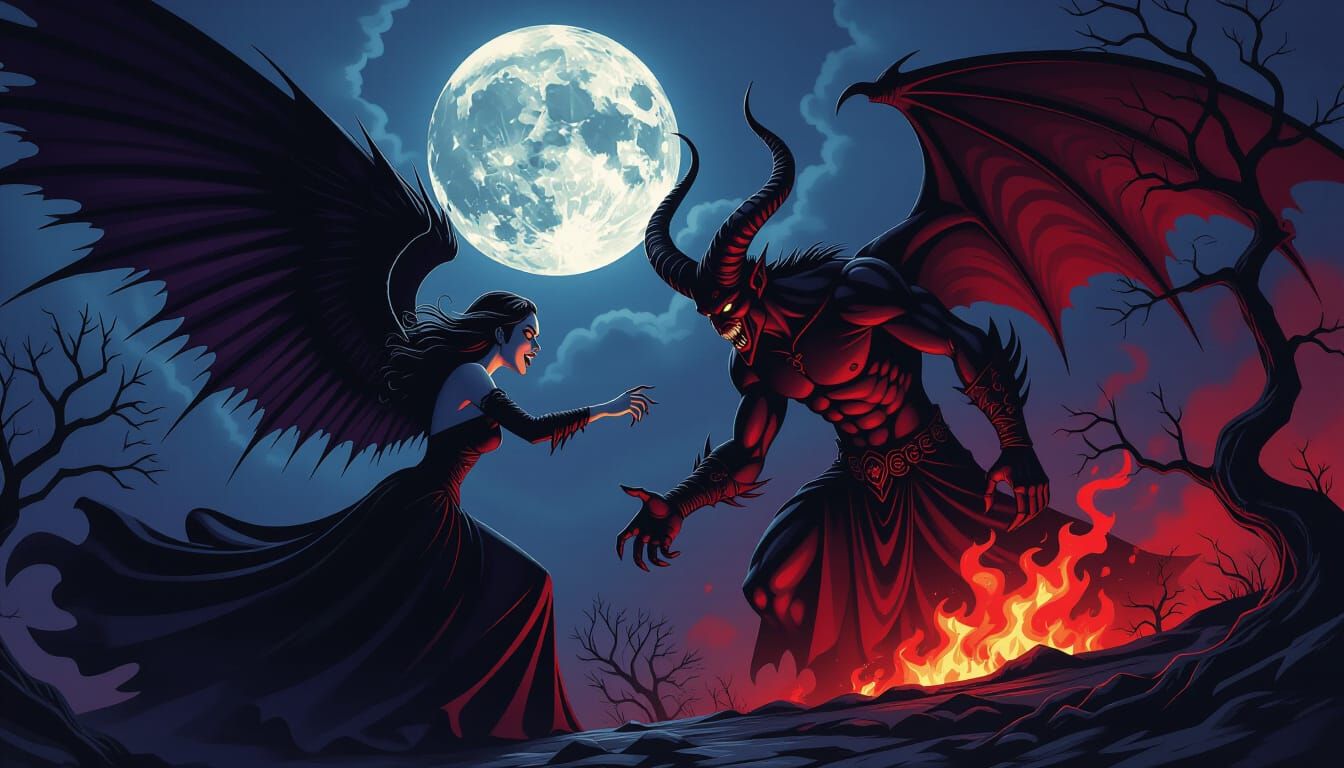 Angel Vampire Battles Devil on Spooky Halloween Night