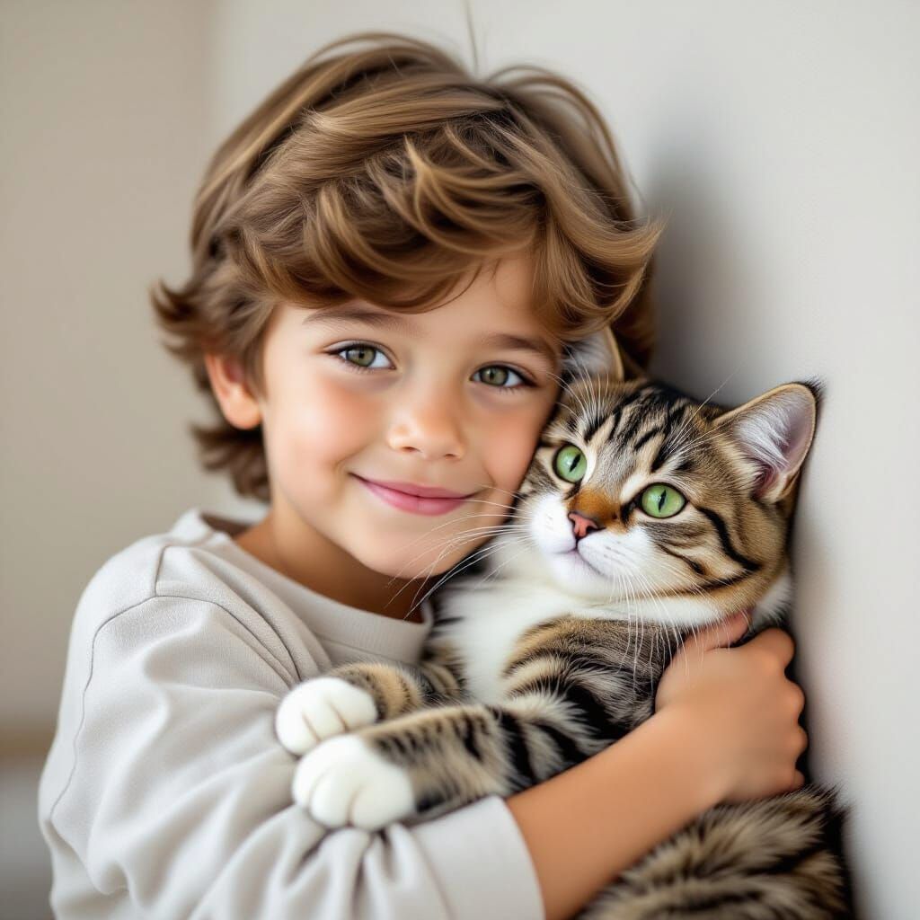Boy with Green Eyes Hugging Plush Cat