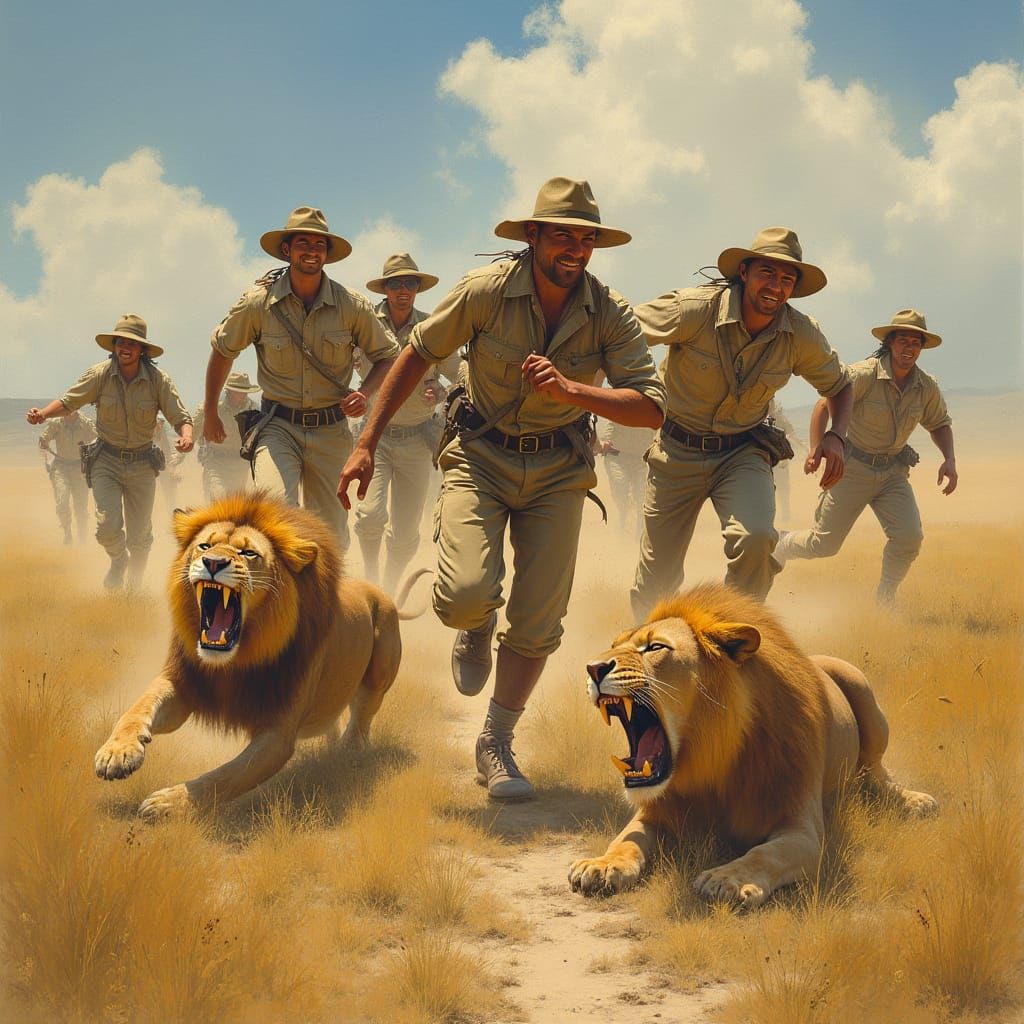 Safari Adventurers Flee Lions in Desperate Savanna Scene