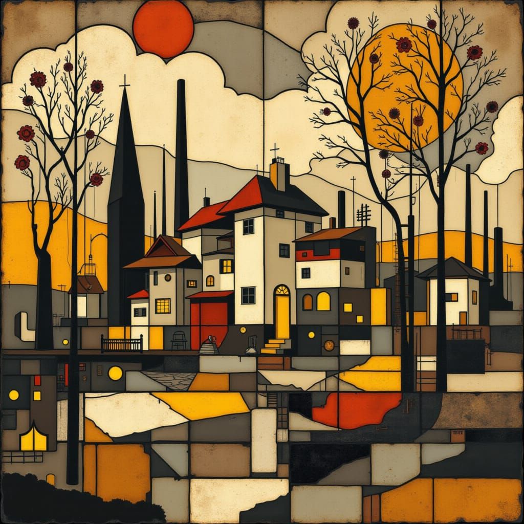 <lora:MONDRIAN FACTORY:1.0> Farmhouse under trees on a small...