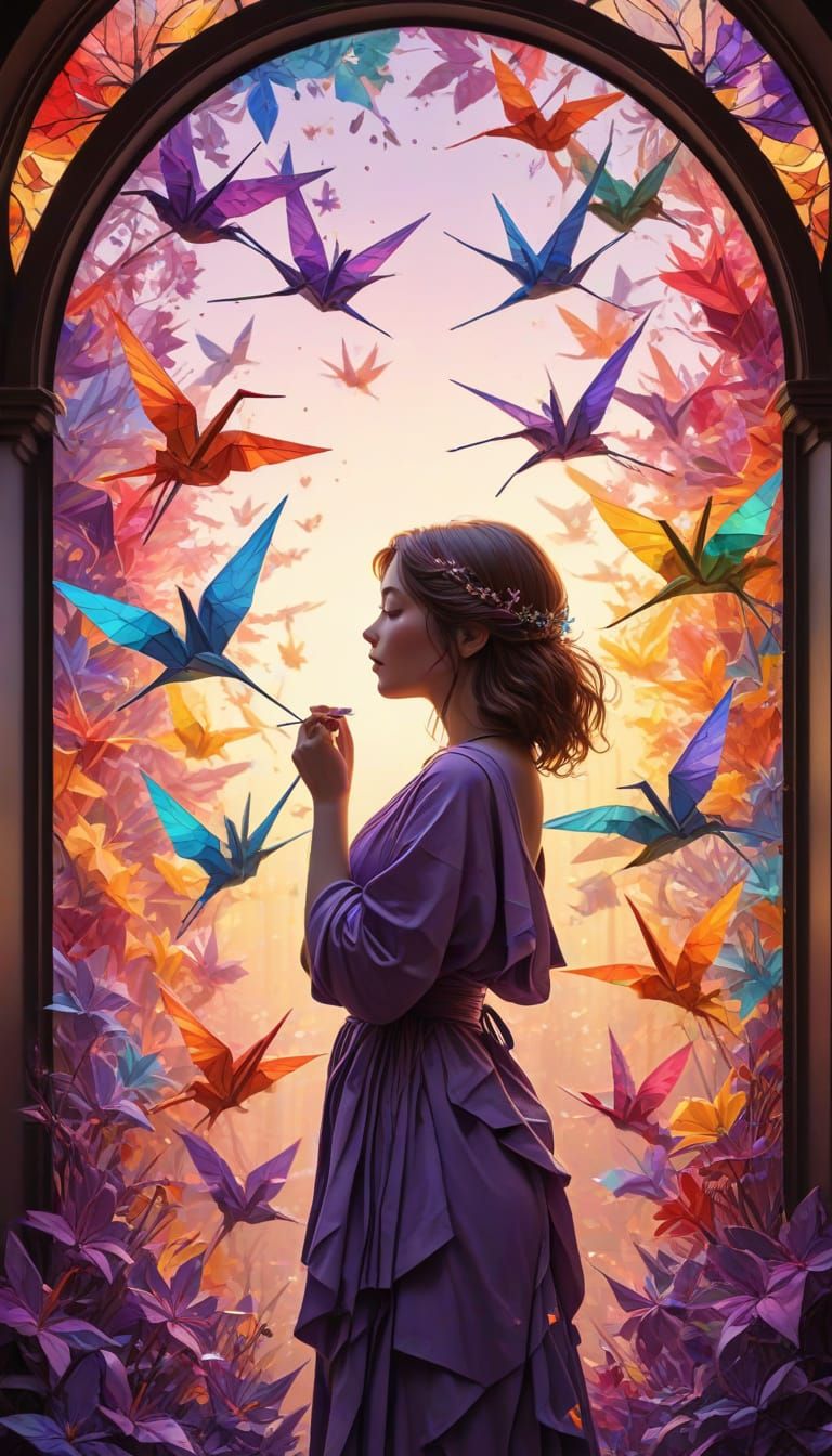 Girl and Beast with Origami Cranes Mural