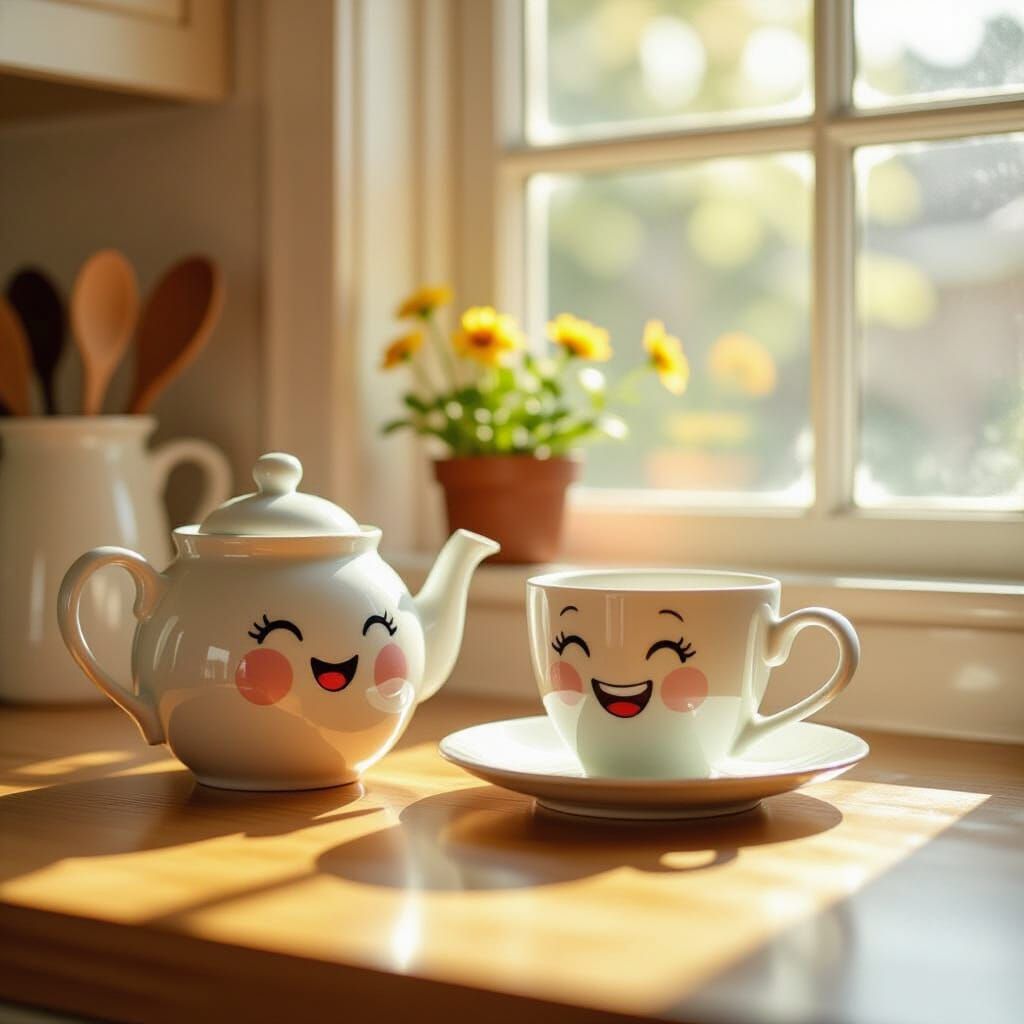 Smiling Teapot and Teacup Chatting in Sunlight