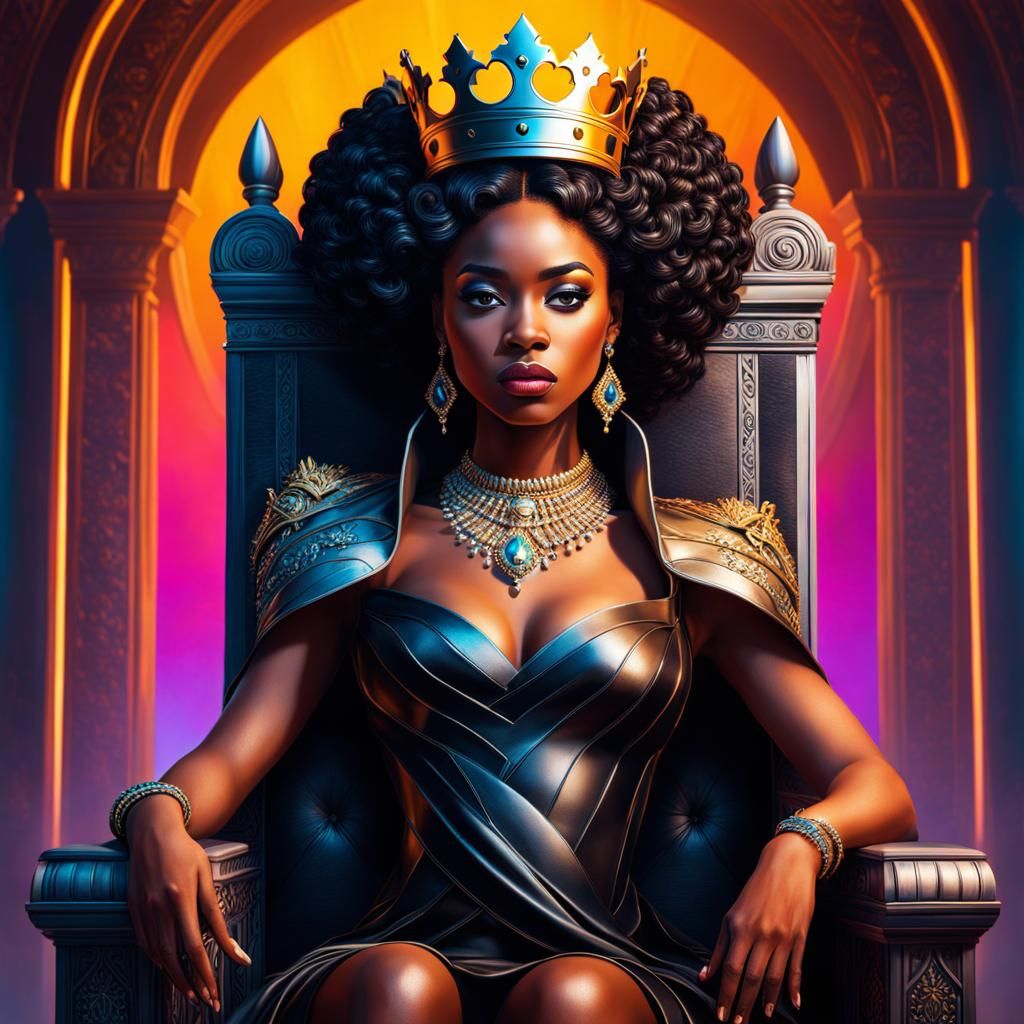 Gorgeous Black Queen on Throne: Hyperrealistic Art