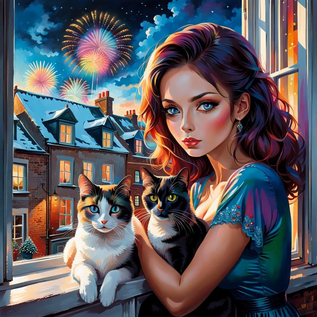 Woman and Cat Watch New Year's Fireworks