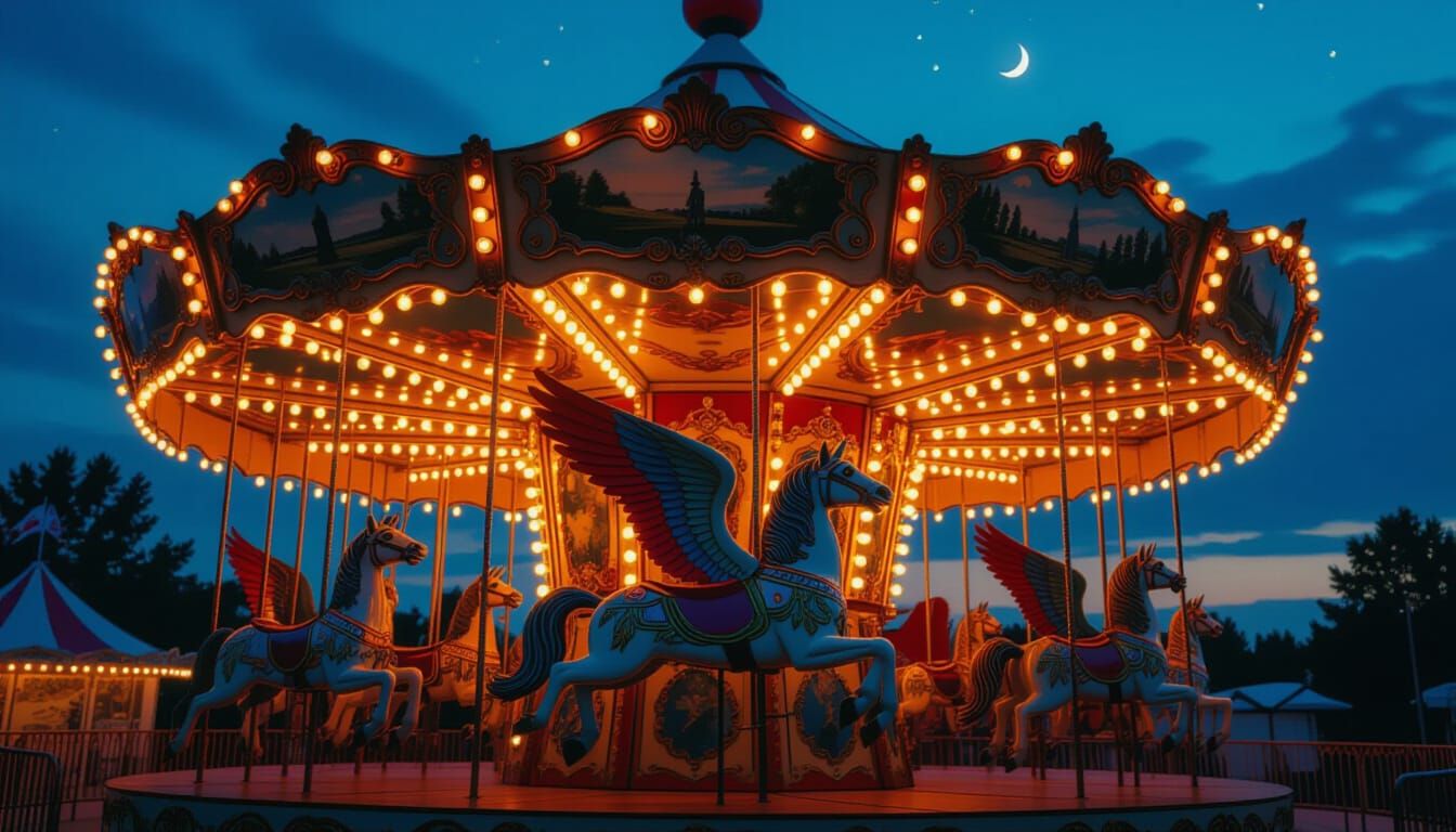 Mythical Carousel at Twilight Carnival Storybook Illustratio...