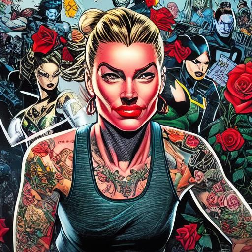 Comic Book Woman on Bike with Roses and Money