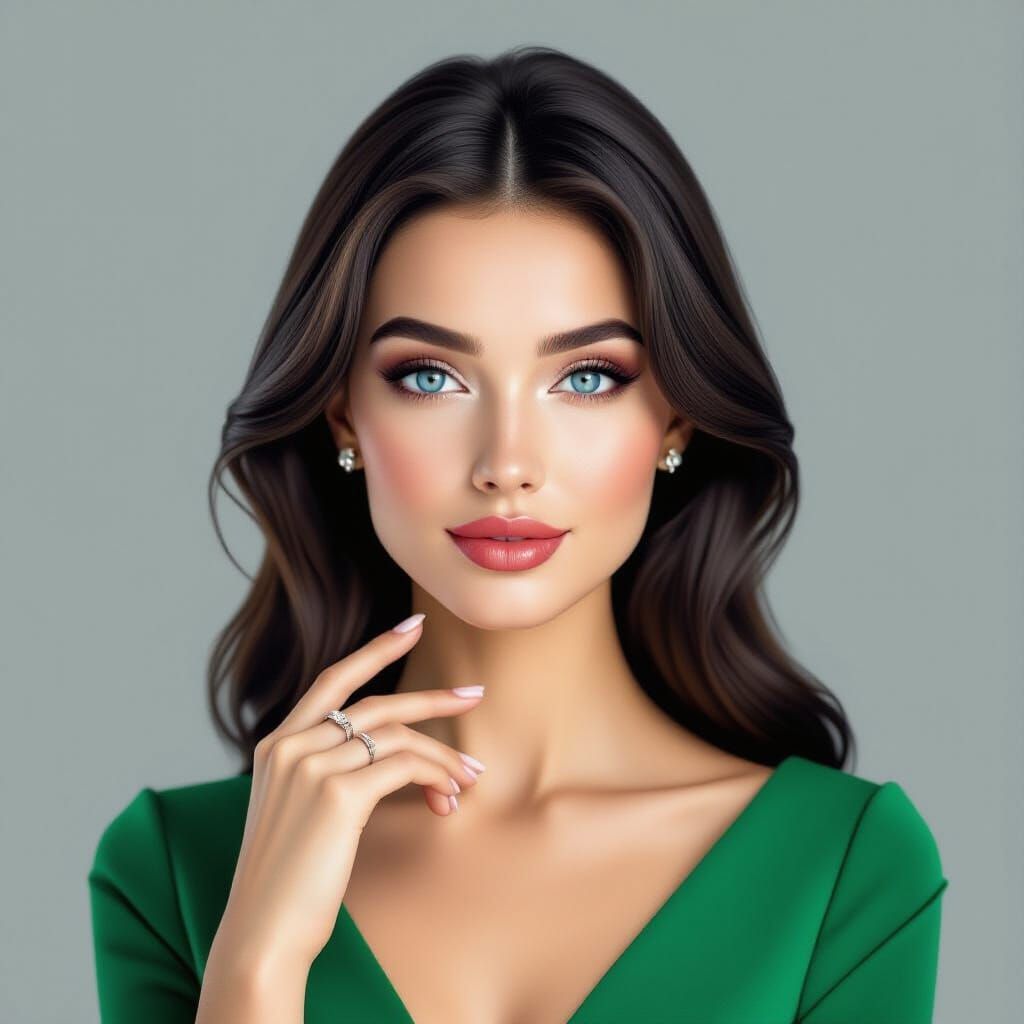 Origami Portrait of a Modern European Woman in Green Dress