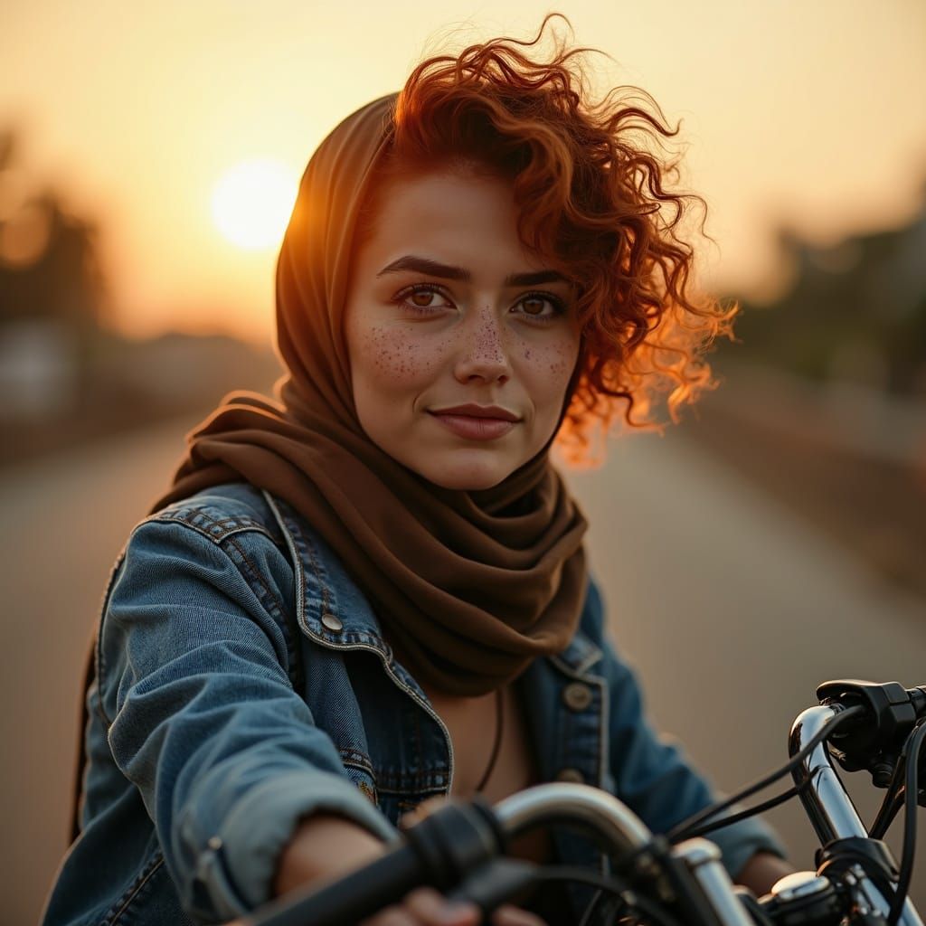 Freckled Woman in Hijab Rides Cruiser Motorcycle at Golden H...