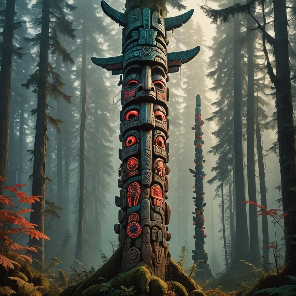 Haida Totem Pole in Misty Forest, Fantasy Art