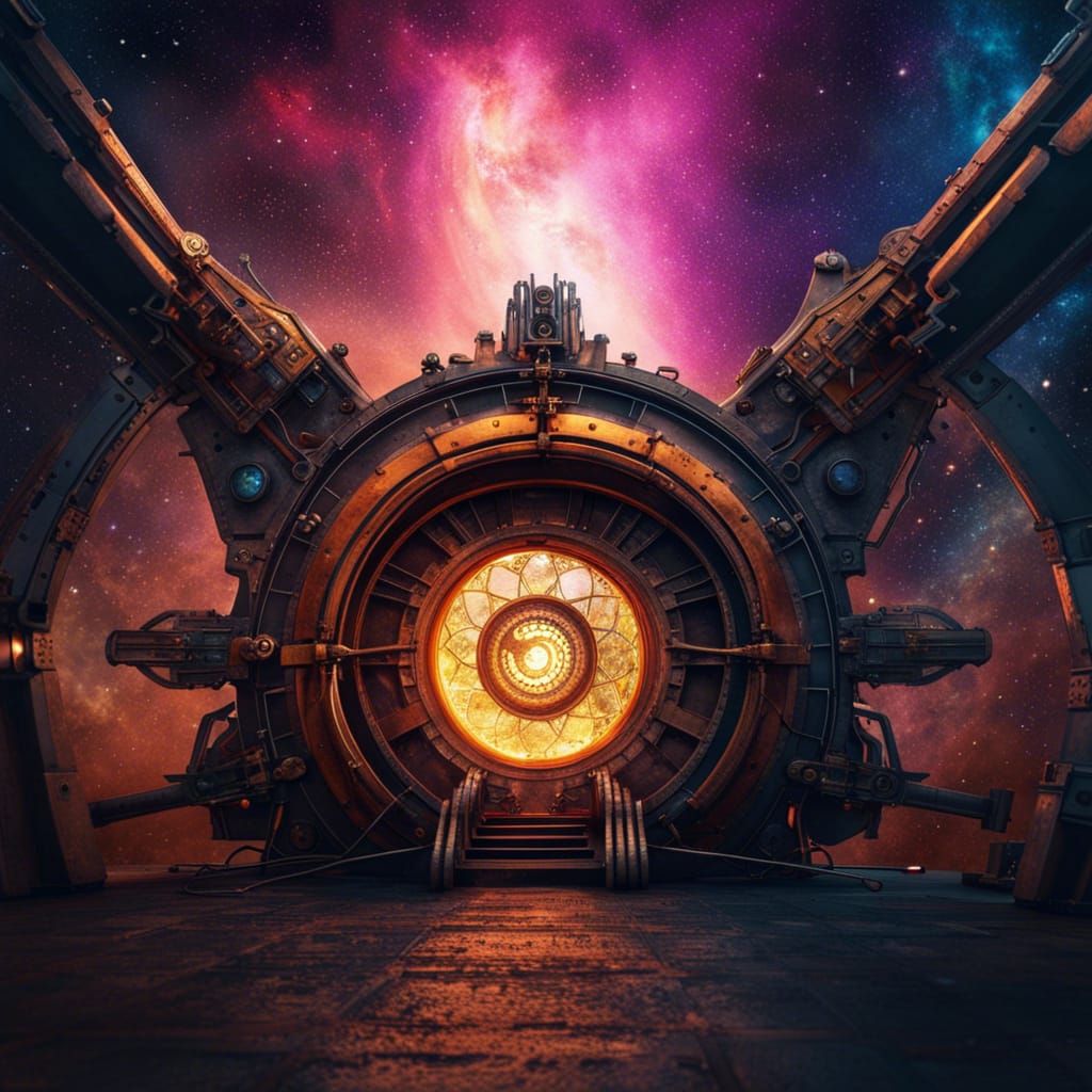 Steampunk Portal to Nebula Galaxy in Photorealistic Style