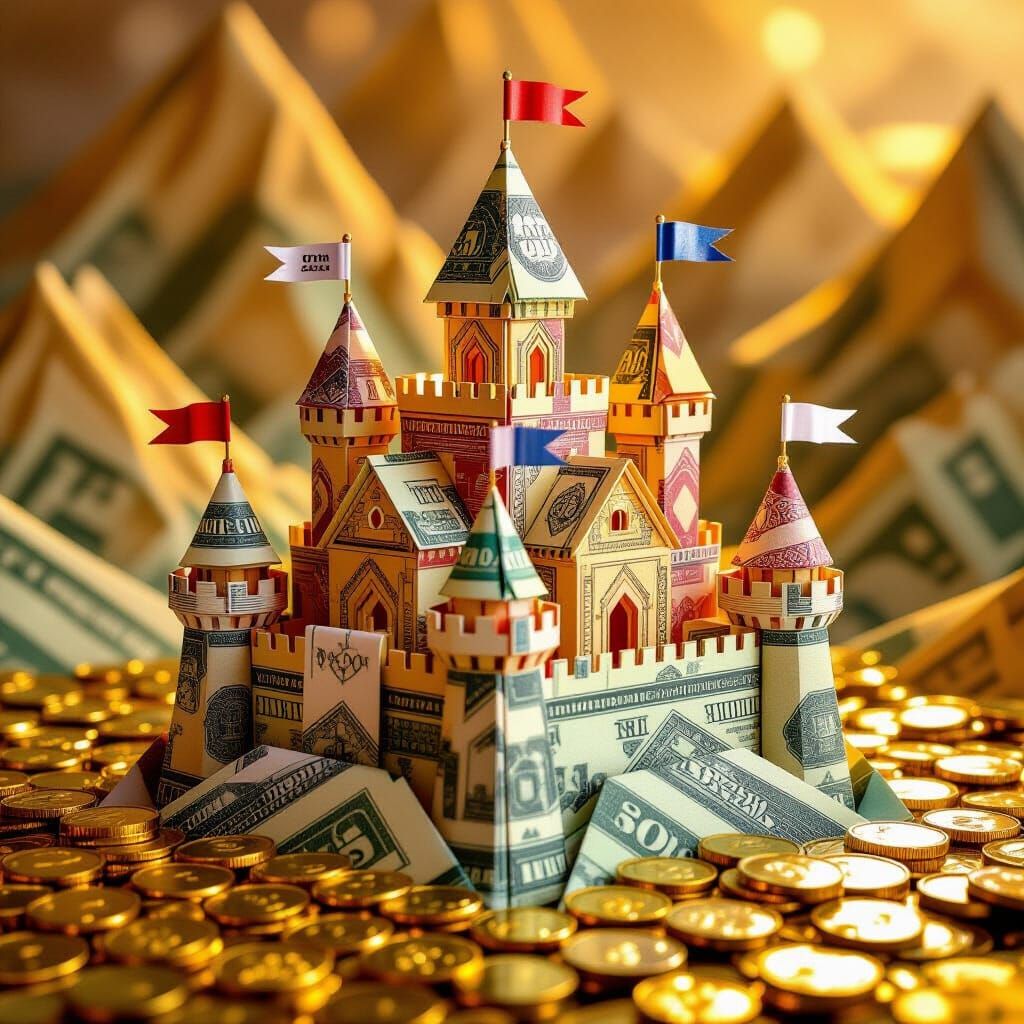 Origami Castle of Banknotes on Gold Coin Landscape