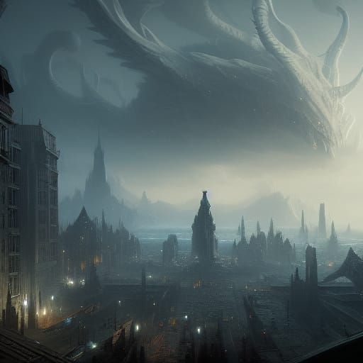 Dark Fantasy Creature Observes City in 8K