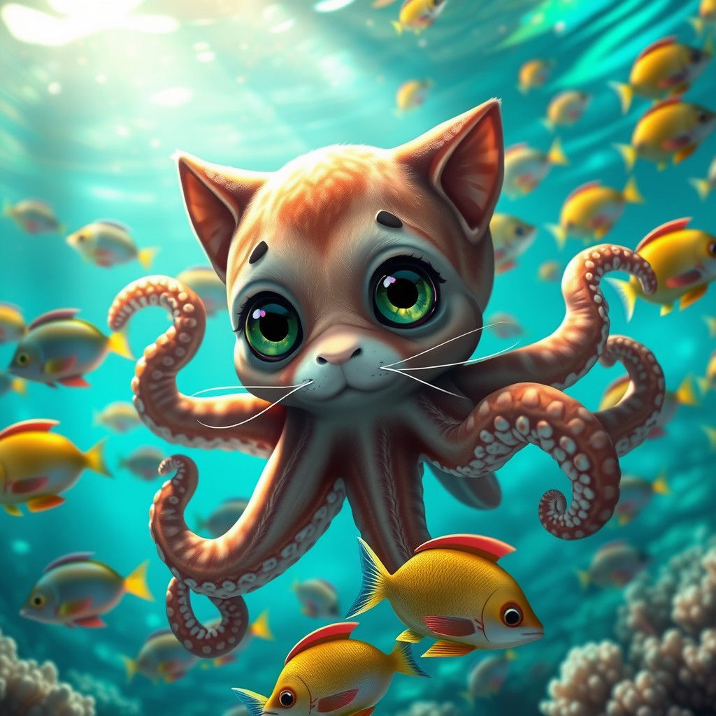 Anthropomorphic Octopus-Cat in Tropical Waters