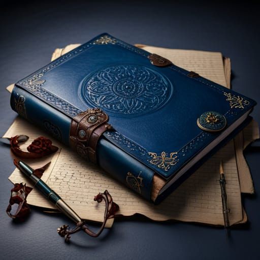 Blue Leather Journal with Flowers: Digital Matte Painting